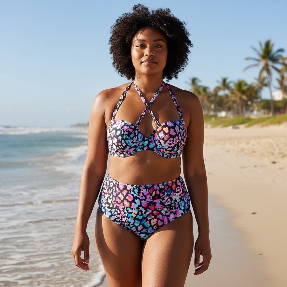 Tempt Me Womens Bikini Set High Waisted Push Up Halter Leopard Print 2 Piece M